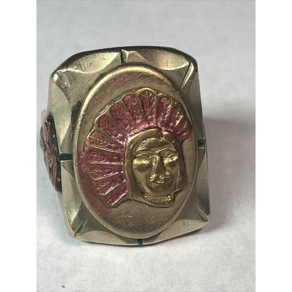 VINTAGE c. 1940S-50S MEXICAN BIKER RING ENAMELED INDIAN CHIEF FACE SIZE 10,75-11
